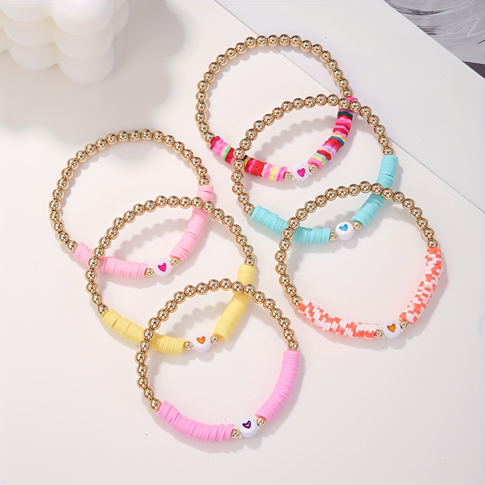 Macaron Heart Soft Clay Bracelet Set for Women - 6pcs